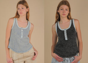 Washed Knit & Denim Contrast Detail Tank Top -Black or Denim