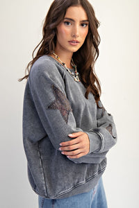Easel Star Patched Washed Terry Pullover - Charcoal