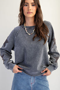 Easel Star Patched Washed Terry Pullover - Charcoal