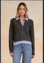 Elan Collared Sweater Layered Cardigan - Charcoal Blue