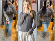 MINERAL WASHED HENLEY NECK THERMAL TOP - CHARCOAL