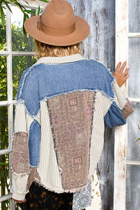 POL Balloon sleeve cropped fit jacket in thermal with paisley pattern contrast - Oatmeal/Denim