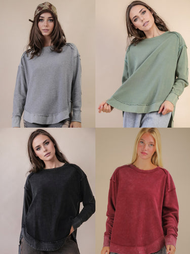 Mineral Washed Elbow Patch Contrast Knit Top - Grey, Black, Burgundy Or Sage