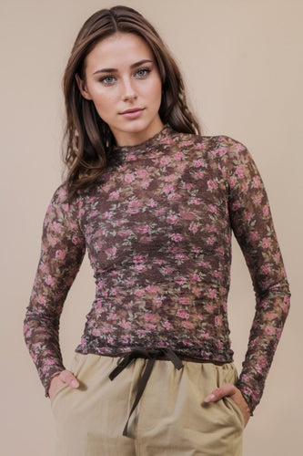 High Neck Fitted Sheer Mesh Lace Knit Top - Chocolate Floral