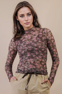 High Neck Fitted Sheer Mesh Lace Knit Top - Chocolate Floral