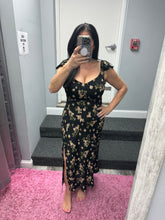 Floral V Neck Ruffle Sleeve Side Slit Midi Dress - Black Multi