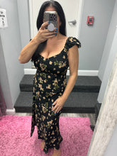 Floral V Neck Ruffle Sleeve Side Slit Midi Dress - Black Multi