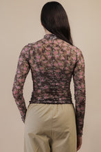 High Neck Fitted Sheer Mesh Lace Knit Top - Chocolate Floral