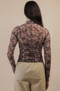 High Neck Fitted Sheer Mesh Lace Knit Top - Chocolate Floral