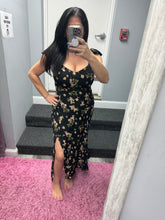 Floral V Neck Ruffle Sleeve Side Slit Midi Dress - Black Multi