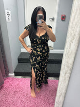Floral V Neck Ruffle Sleeve Side Slit Midi Dress - Black Multi