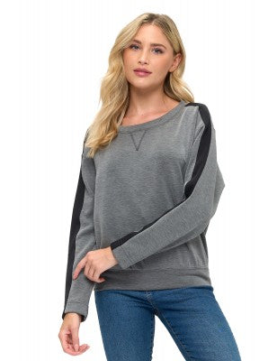 ARIELLA CREW NECK W/ PLEATHER SLEEVE IN SCUBA - CHARCOAL/BLACK