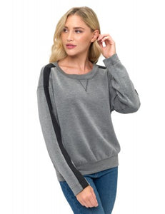 ARIELLA CREW NECK W/ PLEATHER SLEEVE IN SCUBA - CHARCOAL/BLACK