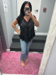POL V neck ruffle sleeve roomy fit top in POL jersey with lace trim detail - Black or Light Grey