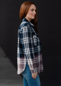 Navy & White Plaid Flannel with bleached dipped  contrast