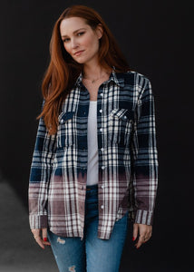 Navy & White Plaid Flannel with bleached dipped  contrast