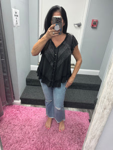 POL V neck ruffle sleeve roomy fit top in POL jersey with lace trim detail - Black or Light Grey