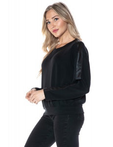 ARIELLA CREW NECK W/ PLEATHER SLEEVE IN SCUBA - BLACK