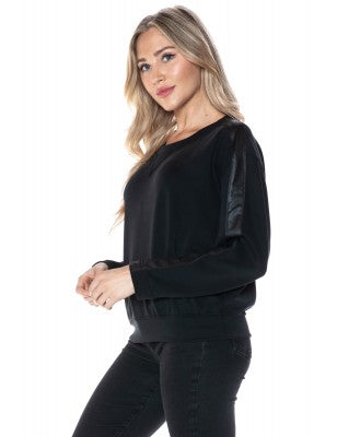 ARIELLA CREW NECK W/ PLEATHER SLEEVE IN SCUBA - BLACK