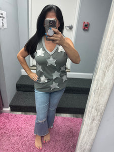 POL V-neck sleeveless front star patches solid top - Off White,Charcoal or Cream