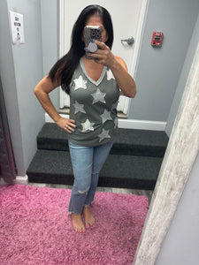 POL V-neck sleeveless front star patches solid top - Off White,Charcoal or Cream