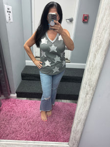 POL V-neck sleeveless front star patches solid top - Off White,Charcoal or Cream