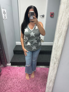 POL V-neck sleeveless front star patches solid top - Off White,Charcoal or Cream
