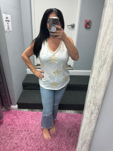 POL V-neck sleeveless front star patches solid top - Off White,Charcoal or Cream