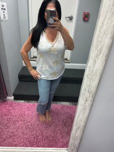 POL V-neck sleeveless front star patches solid top - Off White,Charcoal or Cream