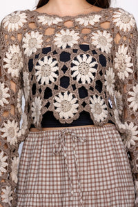 Crochet Daisies Top - Dark Taupe/Beige
