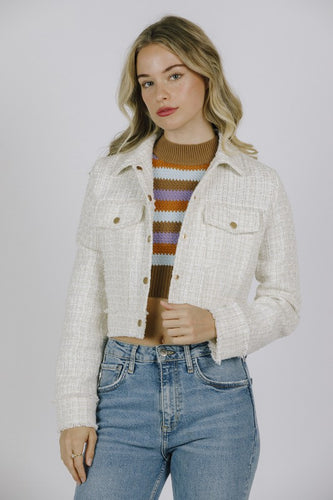 Monochromatic Tweed Fringe Edged Collar Jacket -= Cream/White