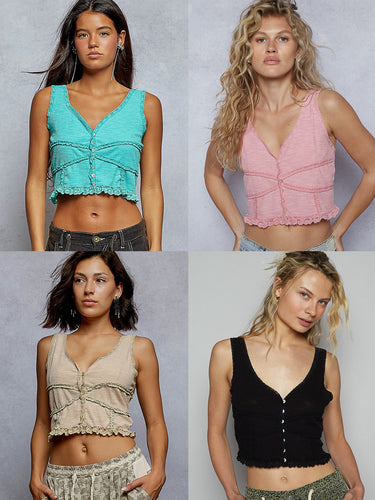 POL V-neck sleeveless top in ribbed knit with dyed to match lace detailing - Assorted Colors