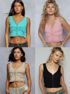 POL V-neck sleeveless top in ribbed knit with dyed to match lace detailing - Assorted Colors