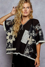 POL V-neck hoodie, relaxed fit top in rib with lace detail pointed solid pattern - Black