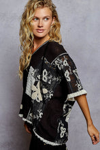 POL V-neck hoodie, relaxed fit top in rib with lace detail pointed solid pattern - Black