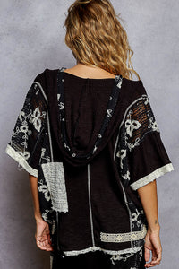 POL V-neck hoodie, relaxed fit top in rib with lace detail pointed solid pattern - Black