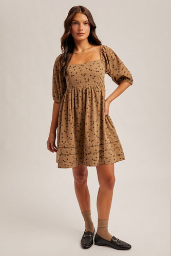 Floral Corduroy Puff Sleeve Babydoll Mini Dress - Taupe