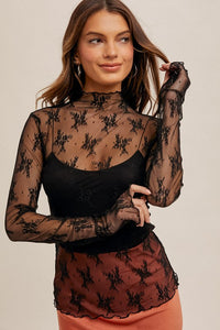 Mock Neck Lace Long Sleeve With Thumb Holes - Black or Coffee