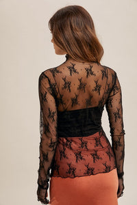 Mock Neck Lace Long Sleeve With Thumb Holes - Black or Coffee