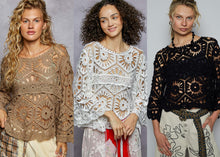 POL Designed in round neck 3/4 sleeve cropped fit top in crochet with various weave knit patterns - Assorted Colors