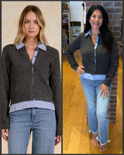 Elan Collared Sweater Layered Cardigan - Charcoal Blue