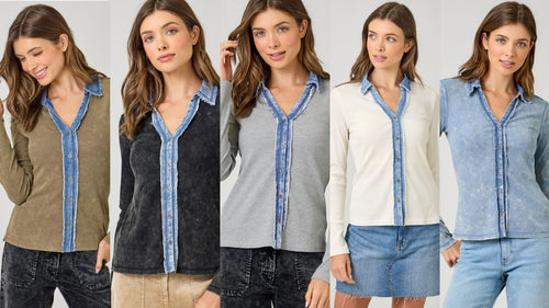 Washed Thermal Button Down Top - Assorted Colors