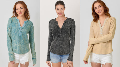 Washed Thermal Henley Top - Assorted Colors