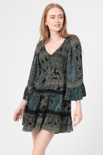 V Neck Smocked Bodice Long Bell Sleeve Lace Trim - Black/ Olive