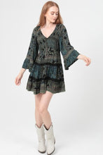V Neck Smocked Bodice Long Bell Sleeve Lace Trim - Black/ Olive