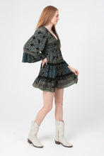 V Neck Smocked Bodice Long Bell Sleeve Lace Trim - Black/ Olive
