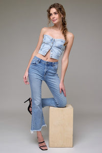 Hidden Medium Wash Clean Frayed Hem Stretch Crop Flare