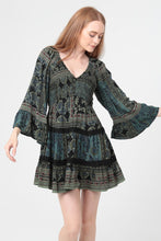 V Neck Smocked Bodice Long Bell Sleeve Lace Trim - Black/ Olive