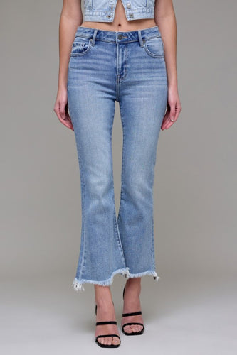 Hidden Medium Wash Clean Frayed Hem Stretch Crop Flare