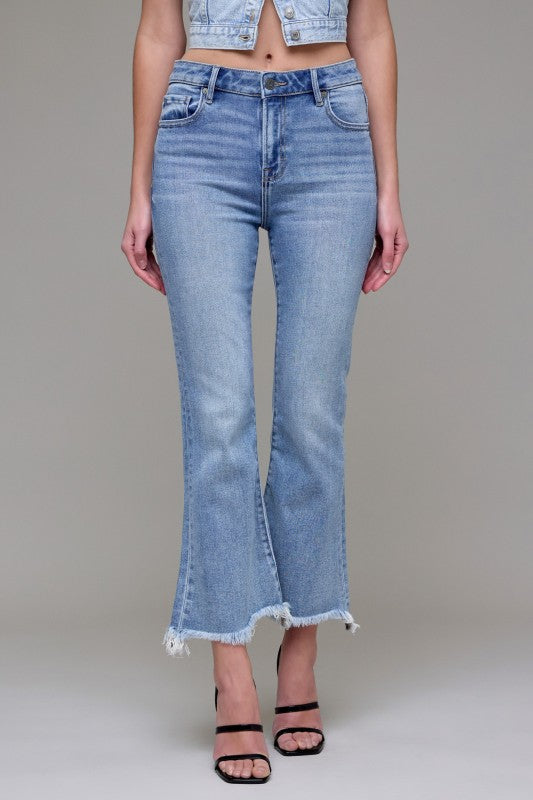 Hidden Medium Wash Clean Frayed Hem Stretch Crop Flare